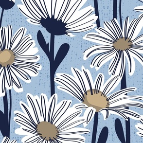 Large jumbo scale // Field of daisies // sky blue background white and mushroom brown daisy flowers oxford navy blue line contour