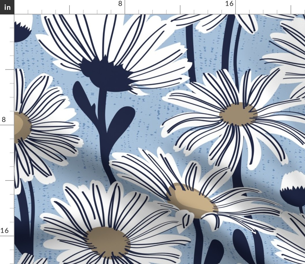 Large jumbo scale // Field of daisies // sky blue background white and mushroom brown daisy flowers oxford navy blue line contour