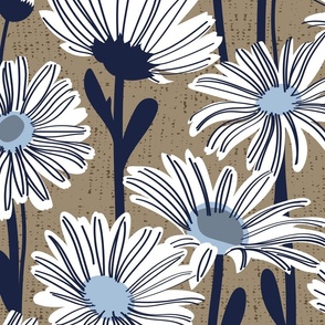 Large jumbo scale // Field of daisies // mushroom brown background white and sky blue daisy flowers oxford navy blue line contour