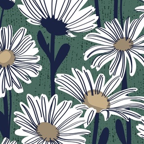 Large jumbo scale // Field of daisies // pine green background white and mushroom brown daisy flowers oxford navy blue line contour