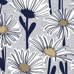 Large jumbo scale // Field of daisies // light grey background white and mushroom brown daisy flowers oxford navy blue line contour