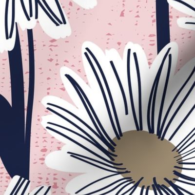 Large jumbo scale // Field of daisies //  cotton candy pink background white and mushroom brown daisy flowers oxford navy blue line contour