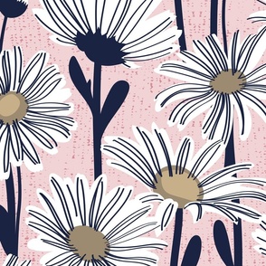 Large jumbo scale // Field of daisies //  cotton candy pink background white and mushroom brown daisy flowers oxford navy blue line contour