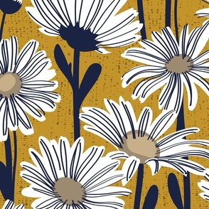 Large jumbo scale // Field of daisies // mustard background white and mushroom brown daisy flowers oxford navy blue line contour
