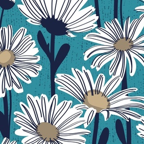 Large jumbo scale // Field of daisies // lagoon background white and mushroom brown daisy flowers oxford navy blue line contour