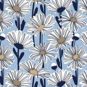 Normal scale // Field of daisies // sky blue background white and mushroom brown daisy flowers oxford navy blue line contour