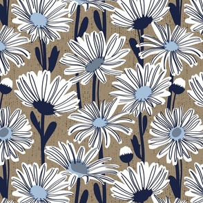 Field of daisies // normal scale // mushroom brown background white and sky blue daisy flowers oxford navy blue line contour