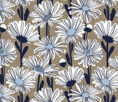Field of daisies // normal scale // mushroom brown background white and sky blue daisy flowers oxford navy blue line contour