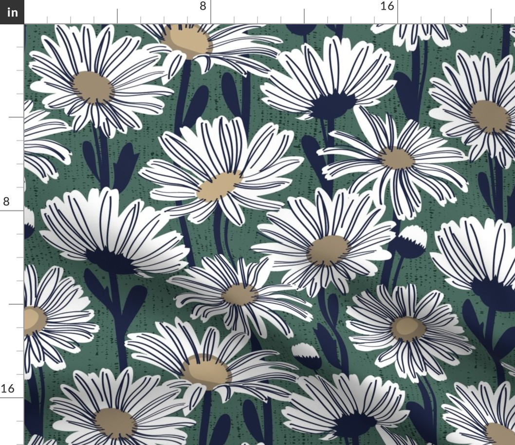 Normal scale // Field of daisies // pine green background white and mushroom brown daisy flowers oxford navy blue line contour