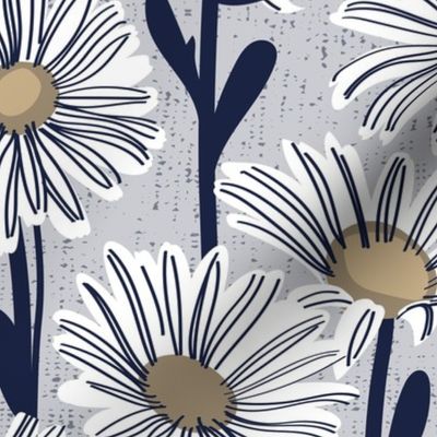 Normal scale // Field of daisies // light grey background white and mushroom brown daisy flowers oxford navy blue line contour