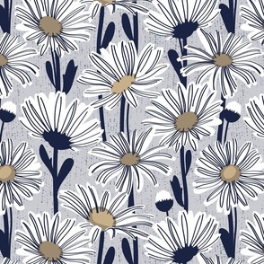 Normal scale // Field of daisies // light grey background white and mushroom brown daisy flowers oxford navy blue line contour