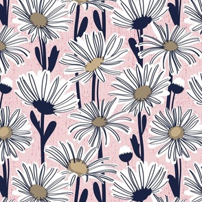 Normal scale // Field of daisies //  cotton candy pink background white and mushroom brown daisy flowers oxford navy blue line contour
