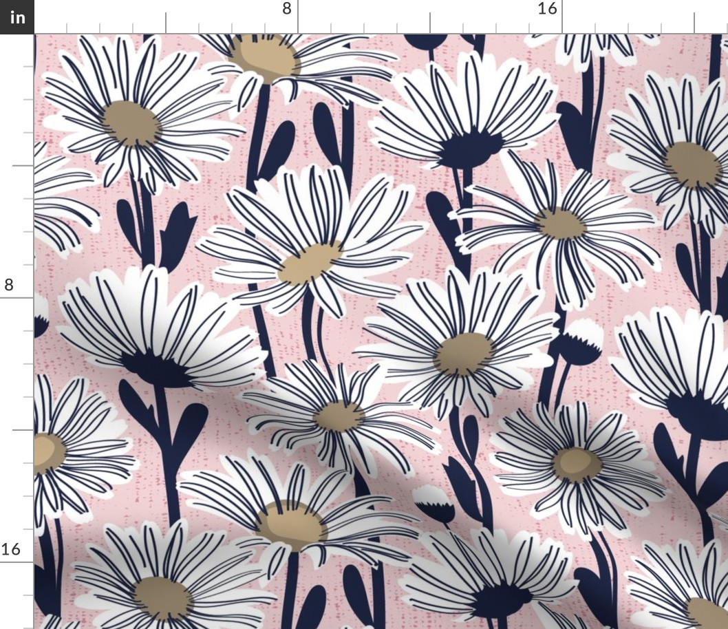 Normal scale // Field of daisies //  cotton candy pink background white and mushroom brown daisy flowers oxford navy blue line contour
