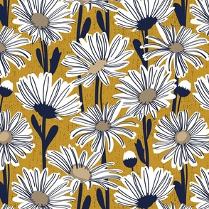 Normal scale // Field of daisies // mustard background white and mushroom brown daisy flowers oxford navy blue line contour