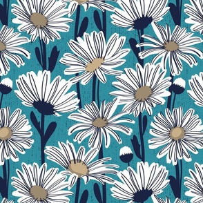 Normal scale // Field of daisies // lagoon background white and mushroom brown daisy flowers oxford navy blue line contour