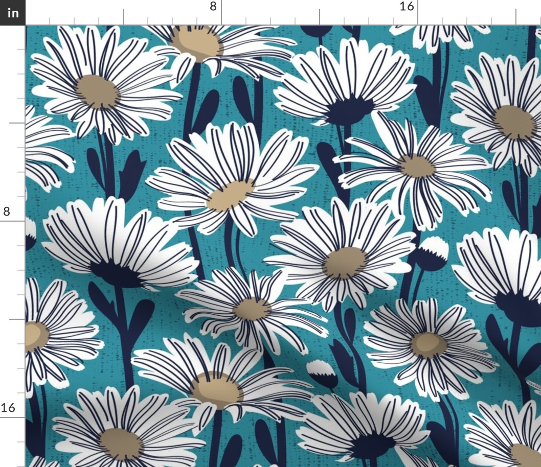 Normal scale // Field of daisies // lagoon background white and mushroom brown daisy flowers oxford navy blue line contour