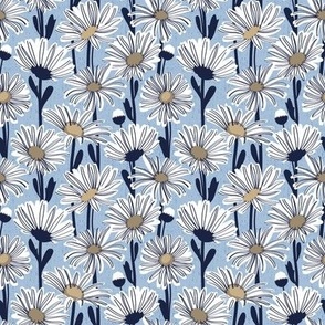 Tiny scale // Field of daisies // sky blue background white and mushroom brown daisy flowers oxford navy blue line contour