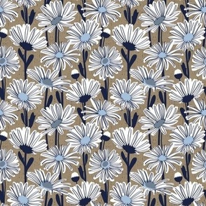 Tiny scale // Field of daisies // mushroom brown background white and sky blue daisy flowers oxford navy blue line contour