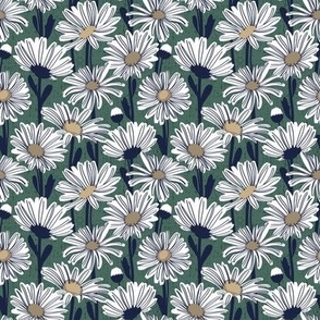 Tiny scale // Field of daisies // pine green background white and mushroom brown daisy flowers oxford navy blue line contour