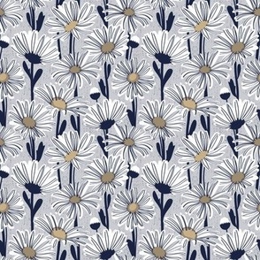 Tiny scale // Field of daisies // light grey background white and mushroom brown daisy flowers oxford navy blue line contour