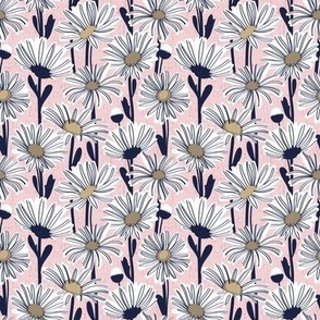 Tiny scale // Field of daisies //  cotton candy pink background white and mushroom brown daisy flowers oxford navy blue line contour