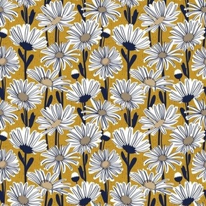 Tiny scale // Field of daisies // mustard background white and mushroom brown daisy flowers oxford navy blue line contour