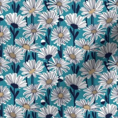 Tiny scale // Field of daisies // lagoon background white and mushroom brown daisy flowers oxford navy blue line contour