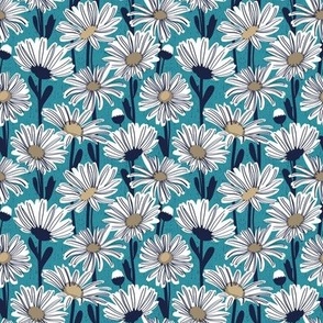 Tiny scale // Field of daisies // lagoon background white and mushroom brown daisy flowers oxford navy blue line contour