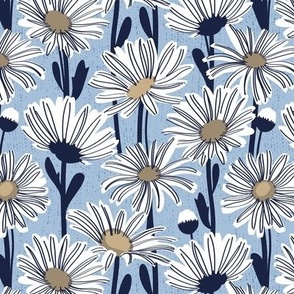 Small scale // Field of daisies // sky blue background white and mushroom brown daisy flowers oxford navy blue line contour