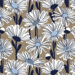 Small scale // Field of daisies // mushroom brown background white and sky blue daisy flowers oxford navy blue line contour