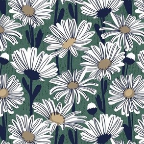 Small scale // Field of daisies // pine green background white and mushroom brown daisy flowers oxford navy blue line contour