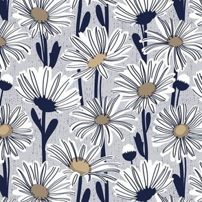 Small scale // Field of daisies // light grey background white and mushroom brown daisy flowers oxford navy blue line contour