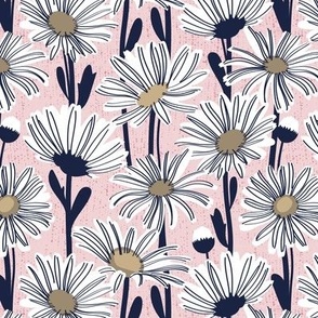 Small scale // Field of daisies //  cotton candy pink background white and mushroom brown daisy flowers oxford navy blue line contour
