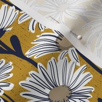 Small scale // Field of daisies // mustard background white and mushroom brown daisy flowers oxford navy blue line contour