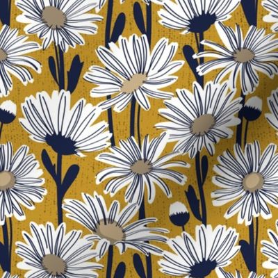 Small scale // Field of daisies // mustard background white and mushroom brown daisy flowers oxford navy blue line contour