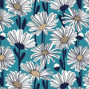 Small scale // Field of daisies // lagoon background white and mushroom brown daisy flowers oxford navy blue line contour