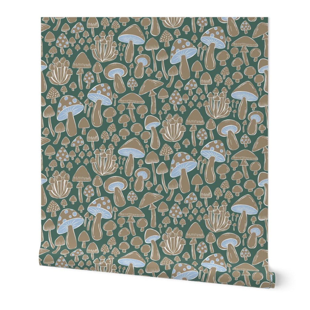 Forest Floor Mushrooms and Toadstools - tan, green, blue - medium/large scale