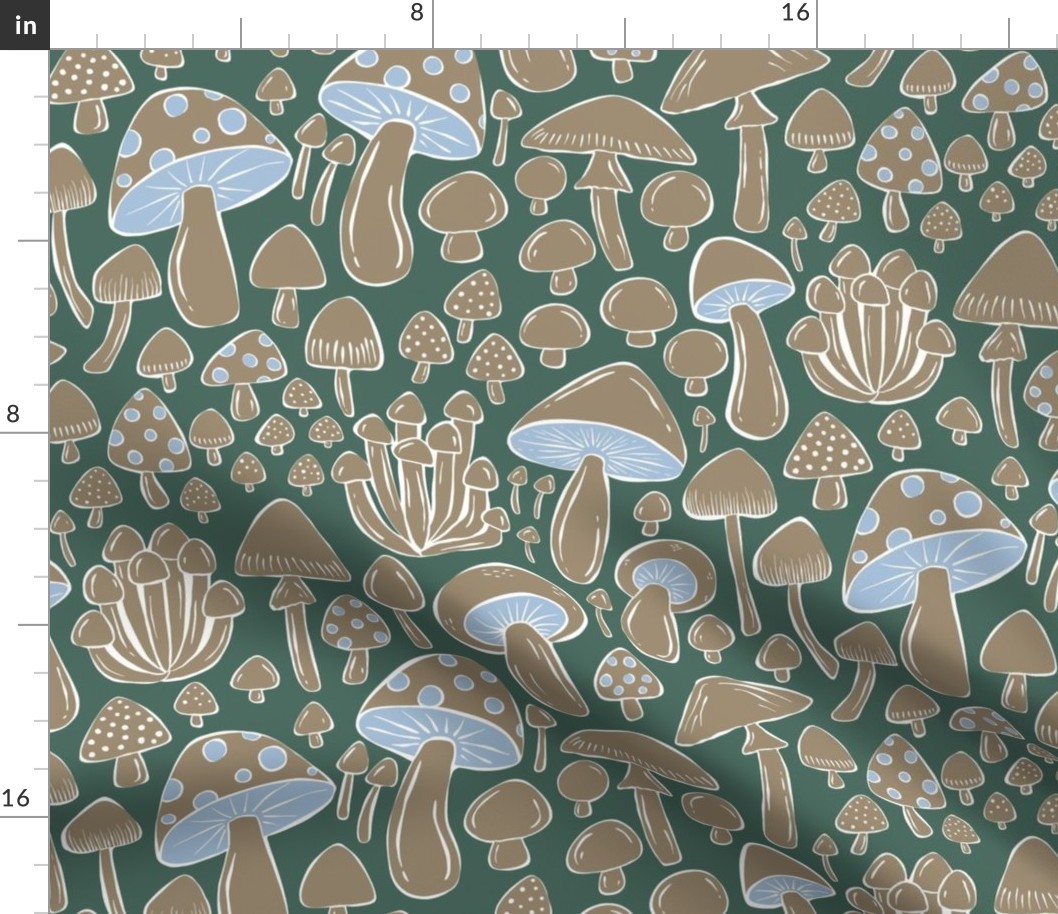 Forest Floor Mushrooms and Toadstools - tan, green, blue - medium/large scale