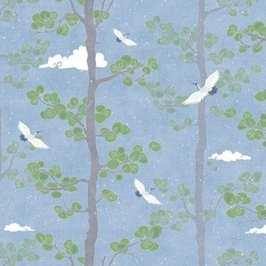 Forest Fabric, Crane Fabric in Sky Blue (small scale) | Bird fabric in soft blue, azure blue Japanese print fabric, woodland trees fabric with crane birds and snow.