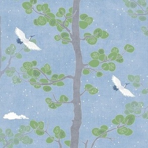 Forest Fabric, Crane Fabric in Sky Blue (medium scale) | Bird fabric in soft blue, azure blue Japanese print fabric, woodland trees fabric with crane birds and snow.