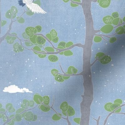 Forest Fabric, Crane Fabric in Sky Blue (large scale) | Bird fabric in soft blue, azure blue Japanese print fabric, woodland trees fabric with crane birds and snow.