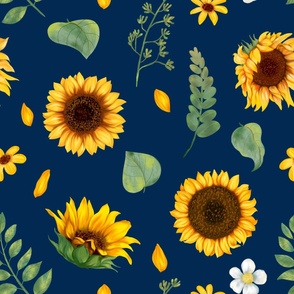 Watercolor Sunflowers on Navy Blue Background - Large Scale