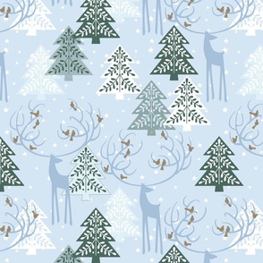 Deer Reindeer Birds singing, the Christmas Stars of Woodland_Petal Solids Coordinates_Calm