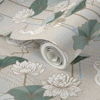 White Lotus Tranquility - cranes, lotus and lilypads - neutral, medium