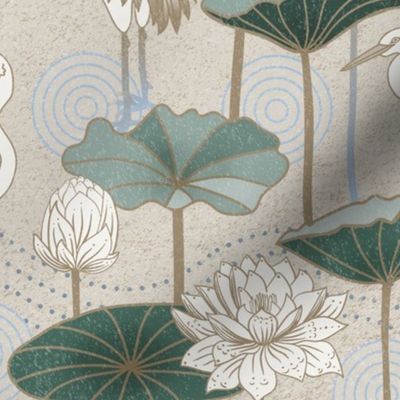 White Lotus Tranquility - cranes, lotus and lilypads - neutral, medium