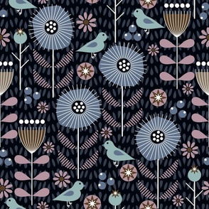 Calm Scandi Meadow / Midnight / Folk Art / Floral / Birds Flowers / Blue Mauve/ Large