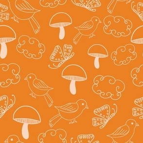 Orange line art mushrooms and birds