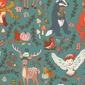 Woodland friends | fox badger owl robin deer| Teal forest green |  large scale fabric and wallpaper 
