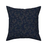 Picasso style labrador puppies dogs freehand mid-century style on golden yellow on navy blue