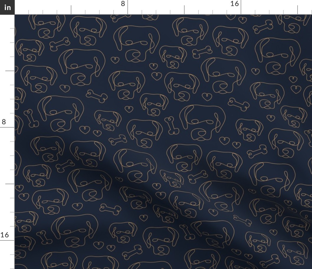 Picasso style labrador puppies dogs freehand mid-century style on golden yellow on navy blue